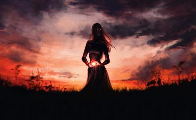 Glowing eyes, fantasy, girl, outdoor, sunset, silhouette
