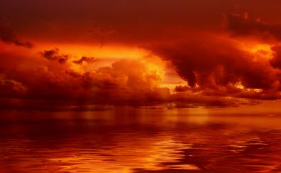 Red clouds, storm, sunset, art