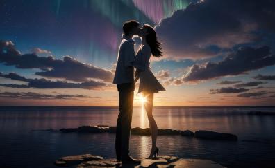 Couple's kiss, at the coast, sunset, art