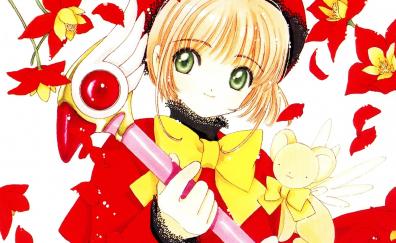 Red flowers, anime girl, green eyes, sakura kinomoto