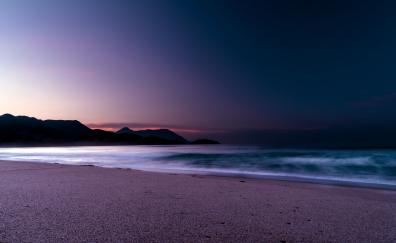 Calm, beach, purple, sunset