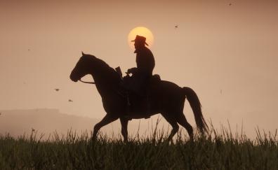 Red Dead Redemption 2, video game, horse ride, sunset
