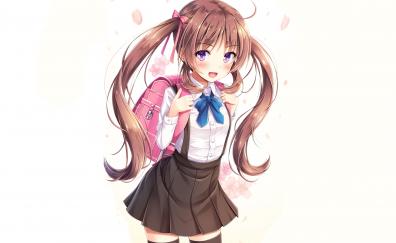 Cute, girl with school bag, anime