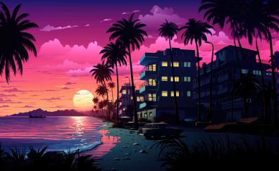 Hues of Miami beach, sunset, glowing night, digital art