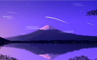 Mount Fuji, minimal, lake at night, art