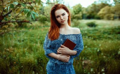 Outdoor, red head, beauty with book