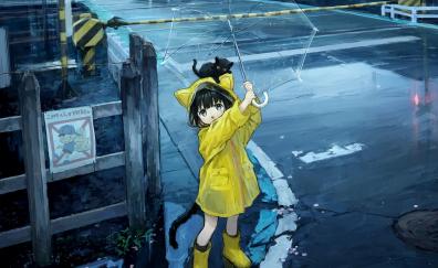 Cute anime girl, elf girl in rain, art