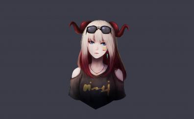 Devil, anime girl, red horns, art
