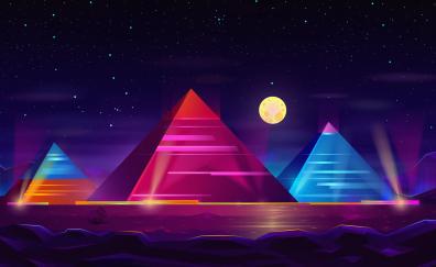 Pyramids, colorful, neon art, night