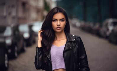 Cute, woman model, leather jacket