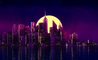 Moonlight, city, dark, digital art