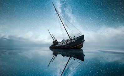 Boat in the lost world, night, reflections