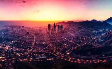 Los Santos, GTA V, cityscape, sunset, game