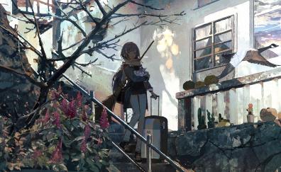 Stair, walk, anime girl, original, art