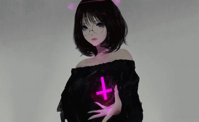 Anime girl, original, character, black dress, glasses