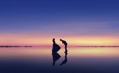 Sunset, silhouette, couple, reflections, dance