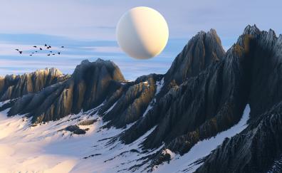 Rocky Mountains, 3D white moon, planet, illustration art