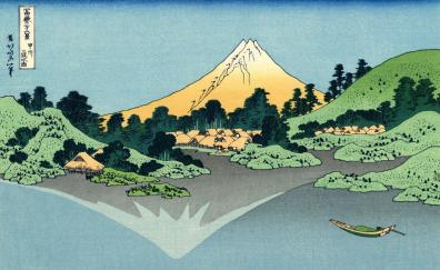 Village, mountain, coast, Japanese art