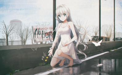 Anime girl, white dress, outdoor