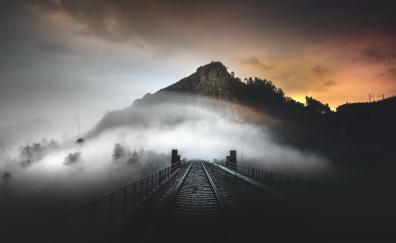 Mountain, railroad, mist, evening