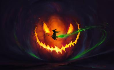 2019 Halloween, witch, flight, pumpkin glow, art