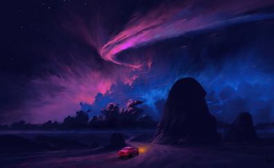 Road to the adventure, fantasy, night, cloudy sky, art