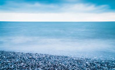 Blue beach, sea, pebbles