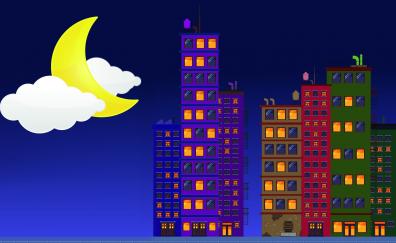 Night, buildings, minimal, pixel art