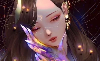 Cute girl's face, colorful hands, fantasy, art