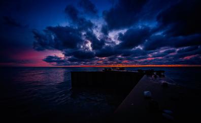 Pier, clouds, sunset, sea, dark