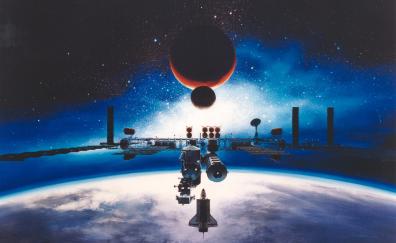 Space station, spacecraft, planet, space, fantasy