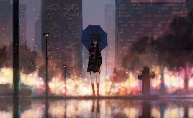 Girl, anime, outdoor, rain, cityscape, original
