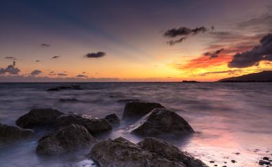 Sea, sunset, rocks, sky