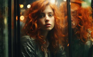 Reflection of redhead and gorgeous woman