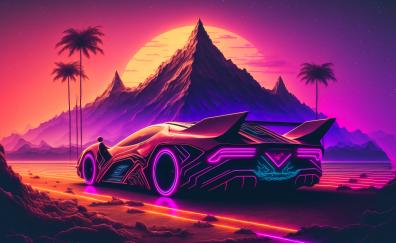 Synthwave, sports car and mountains
