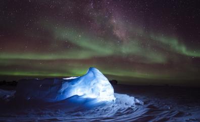 Iceberg, Northern Lights, sea, night, nature