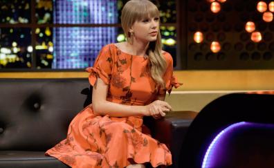 Taylor swift, sit, orange dress, popular singer