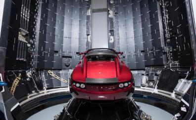 Tesla Roadster, red car, rocket