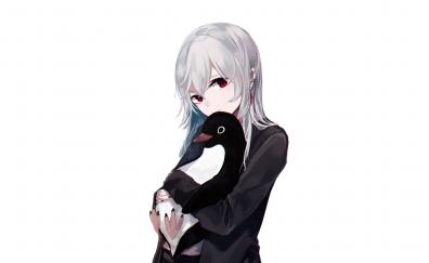 Anime girl, cute, white hair, original, penguin