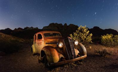 Wreck car, vintage, landscape, night