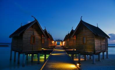 Night, resort, huts, pier, Island