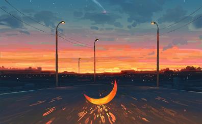 Moon on road, sunset, art