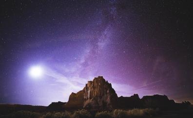 Rocks, milky way, desert, purple sky, night