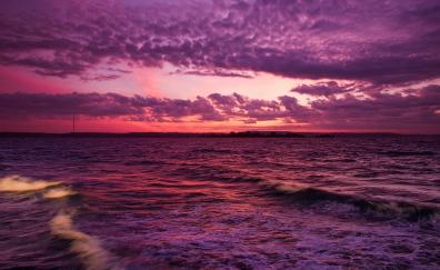 Calm sunset, seascape, pinkish clouds and sky