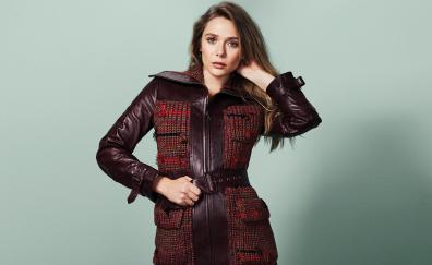 Leather coat, Elizabeth olsen, photoshoot