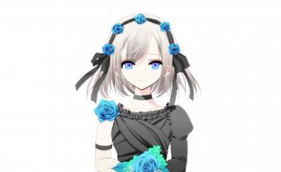 Anime girl, blue roses, flowers, blue