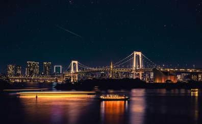 Bridge, city, dark sky, blur reflections, night
