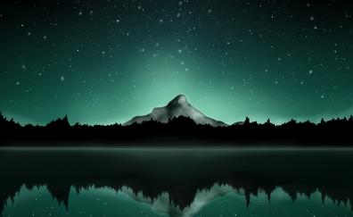 Mountain, summit, starry sky, lake, reflections, art