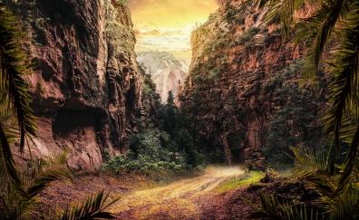 Canyon, forest, mountains, valley, pathway