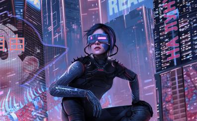 Cyberpunk, city, girl cyborg, art